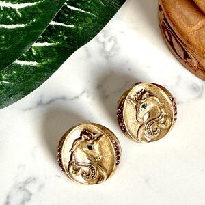 Horse Head Antiqued Gold Earrings Rhinestone Equestrian Vintage Style Baroque